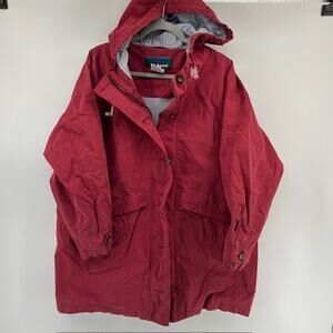 VTG LL Bean Hooded Rain Jacket Womens XL Red Vented Outdoor Cargo Pockets READ